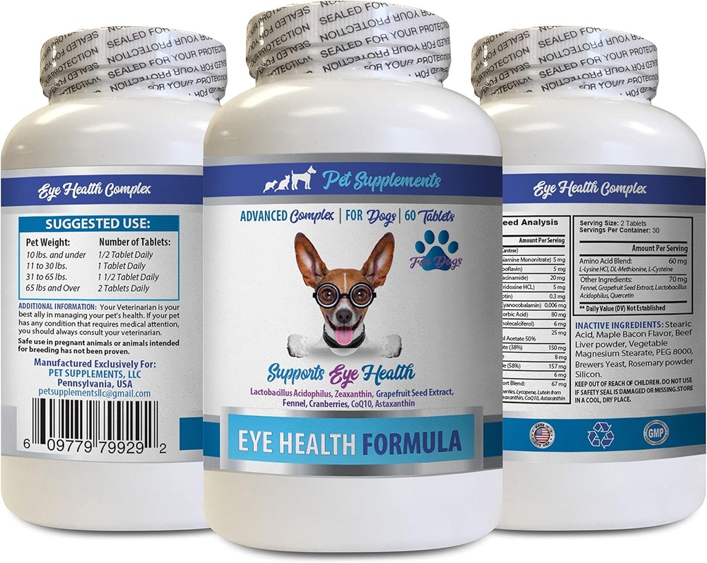 Hunde Øye vitaminer - Hunde Øye Helse Formula - Advanced Eye Support Complex - VETS Anbefalt - Hunde Lutein - 1 flaske (60 tabletter)