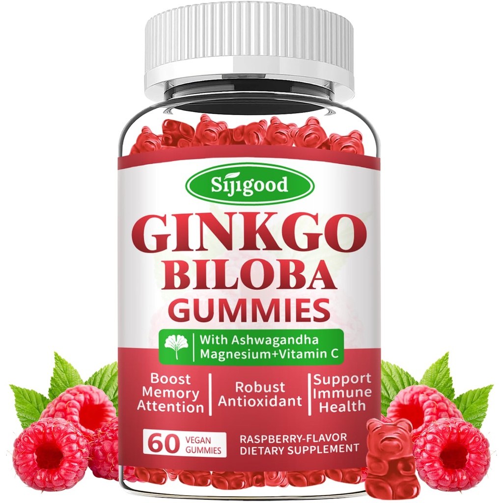 Ginkgo Biloba Gummier med Panax Ginseng og magnesium, Ginkgo Biloba Kosttilskudd for fokus, minne, og Hjerne Helse for voksne og barn, Vegansk bringebær Flavor Gummies, 60 greve