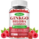 Ginkgo Biloba Gummier med Panax Ginseng og magnesium, Ginkgo Biloba Kosttilskudd for fokus, minne, og Hjerne Helse for voksne og barn, Vegansk bringebær Flavor Gummies, 60 greve