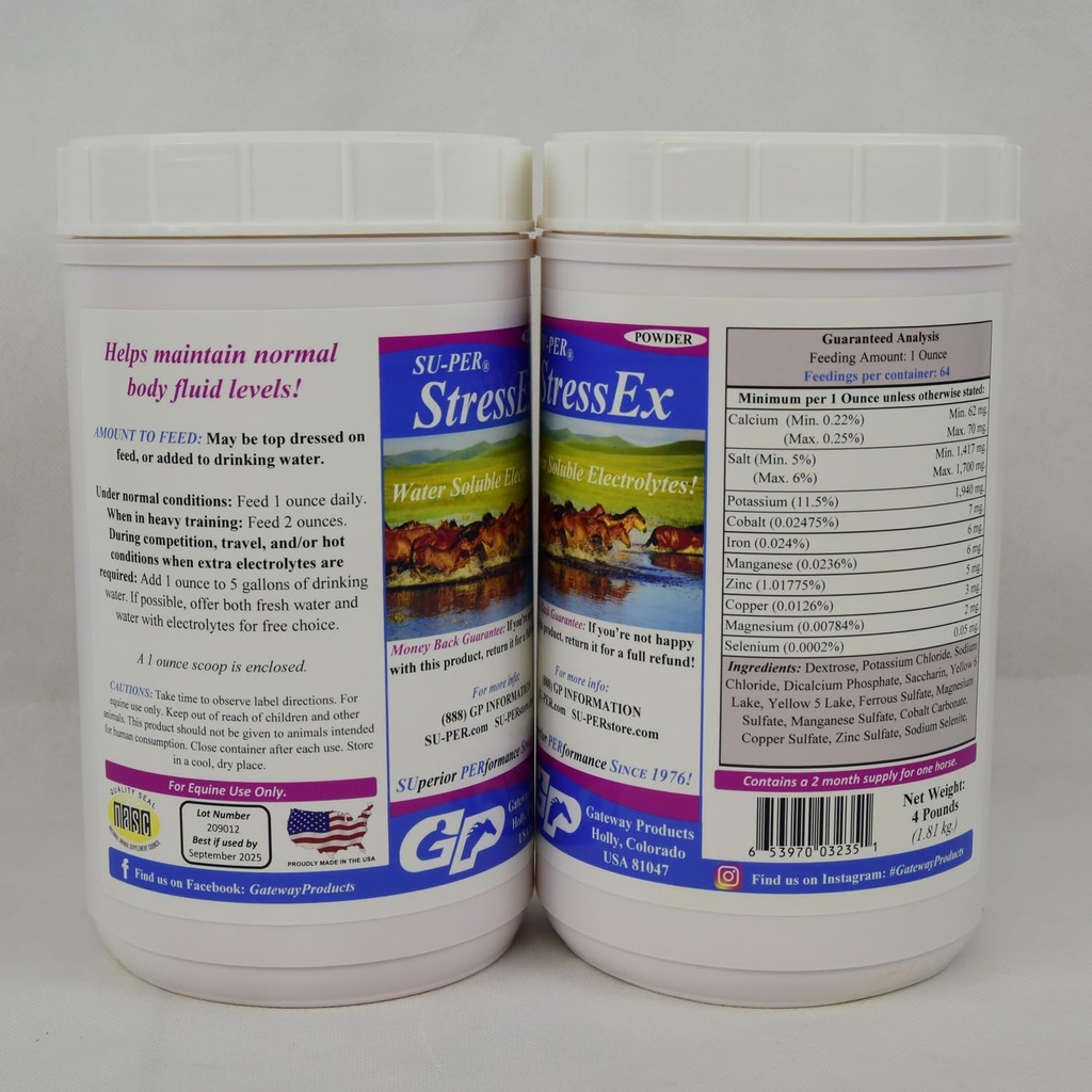 SU-PER Stress-Ex Horse Electrolyte Supplement - opprettholde normal kroppsvæske nivåer - Electrolytes replenishment for Hydration - 4 pund, (2 pakke)