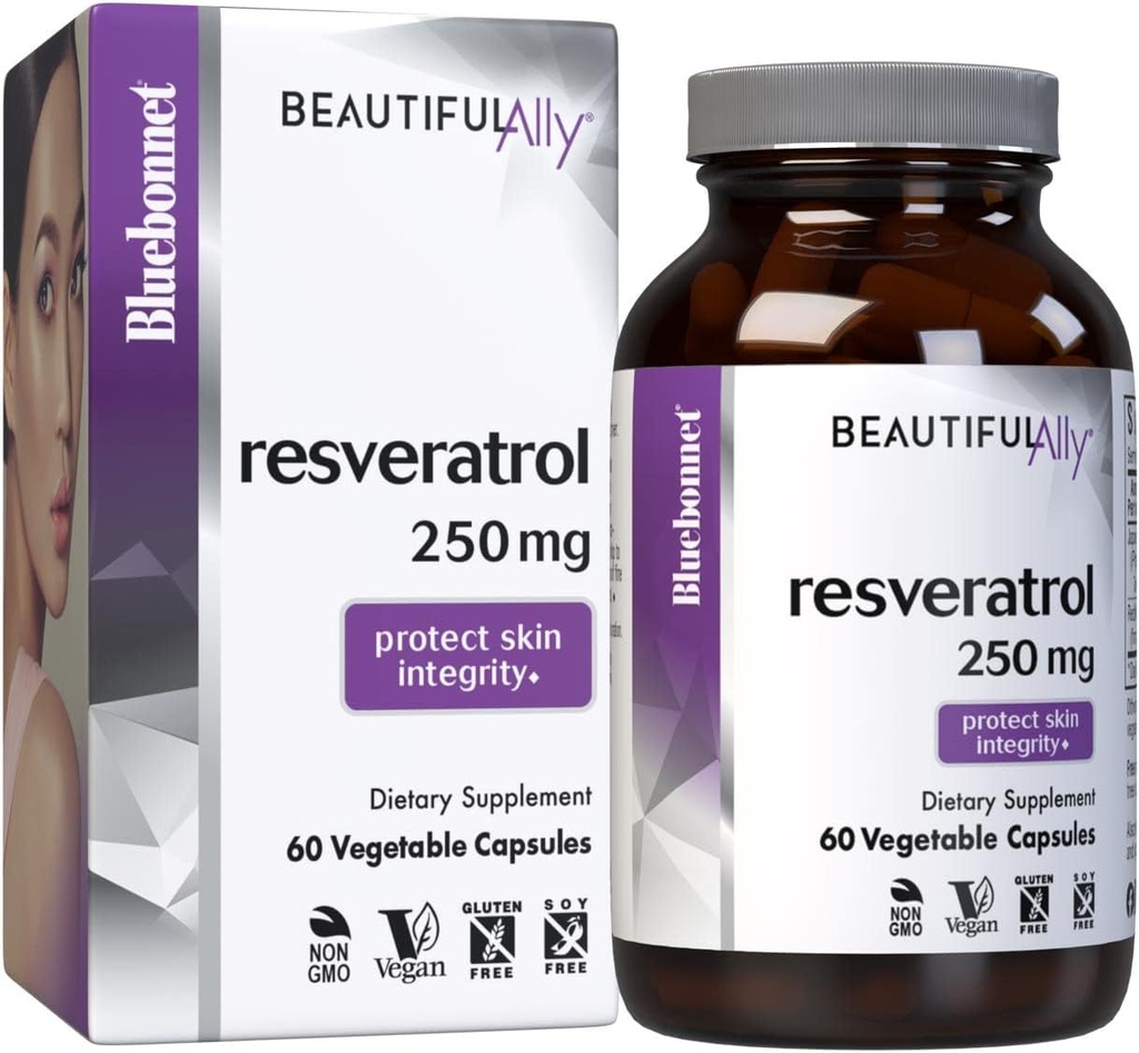 Blåbonnet ernæring Vakker alliert resveratrol 250mg, Best for huden, antioksidant, skjønnhet næringsstoff, Vegan, Vegetarisk, Ikke GMO, Glutenfri, Soya Gratis, 60 Grønnsaker Kapsler, 60 Serverer
