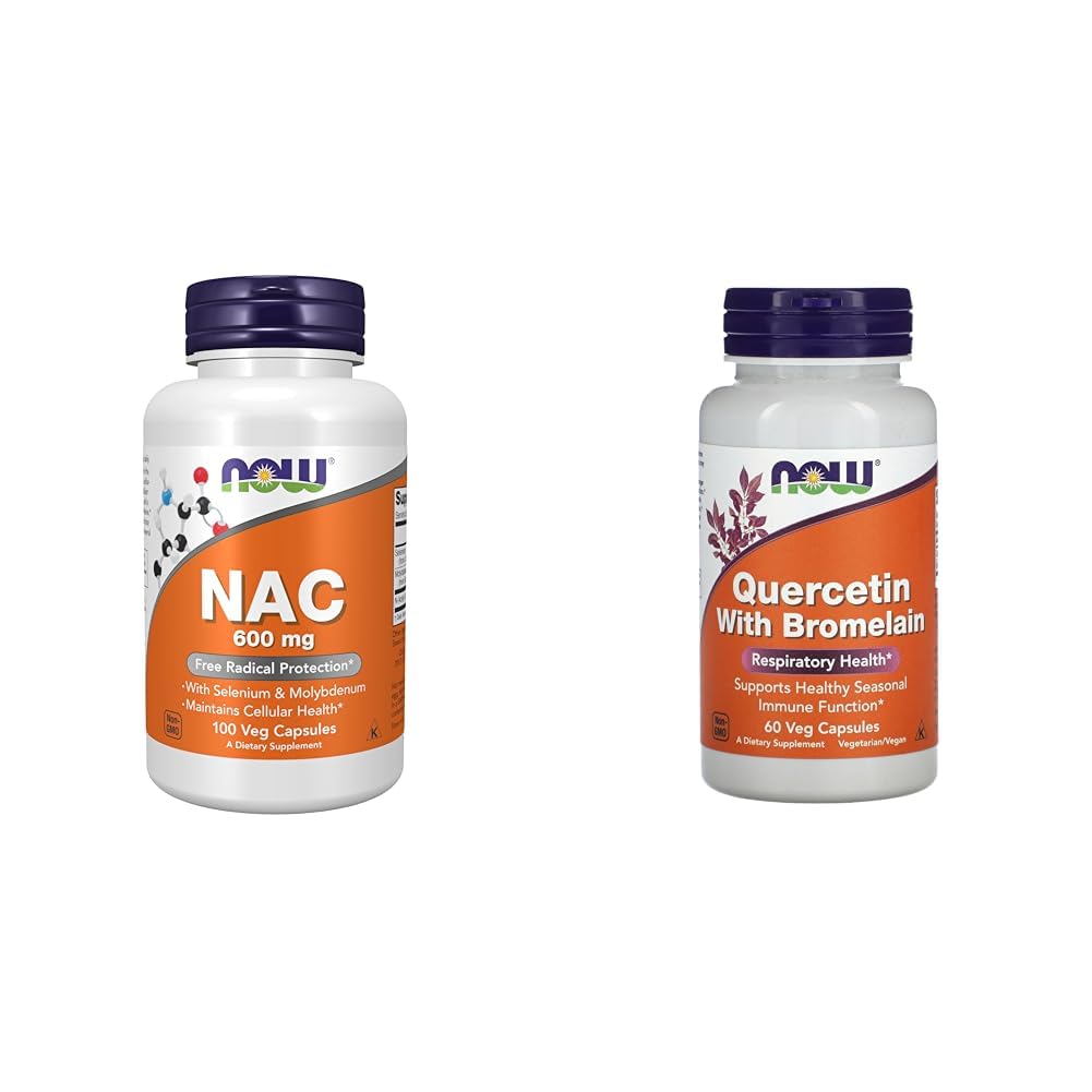 Nå Supplements, NAC (N-Acetyl Cysteine) 600 mg med Selenium & Molybdenum, 100 Veg Kapsler og nå Quercetin med Bromelain - 60 Veg Kapsler