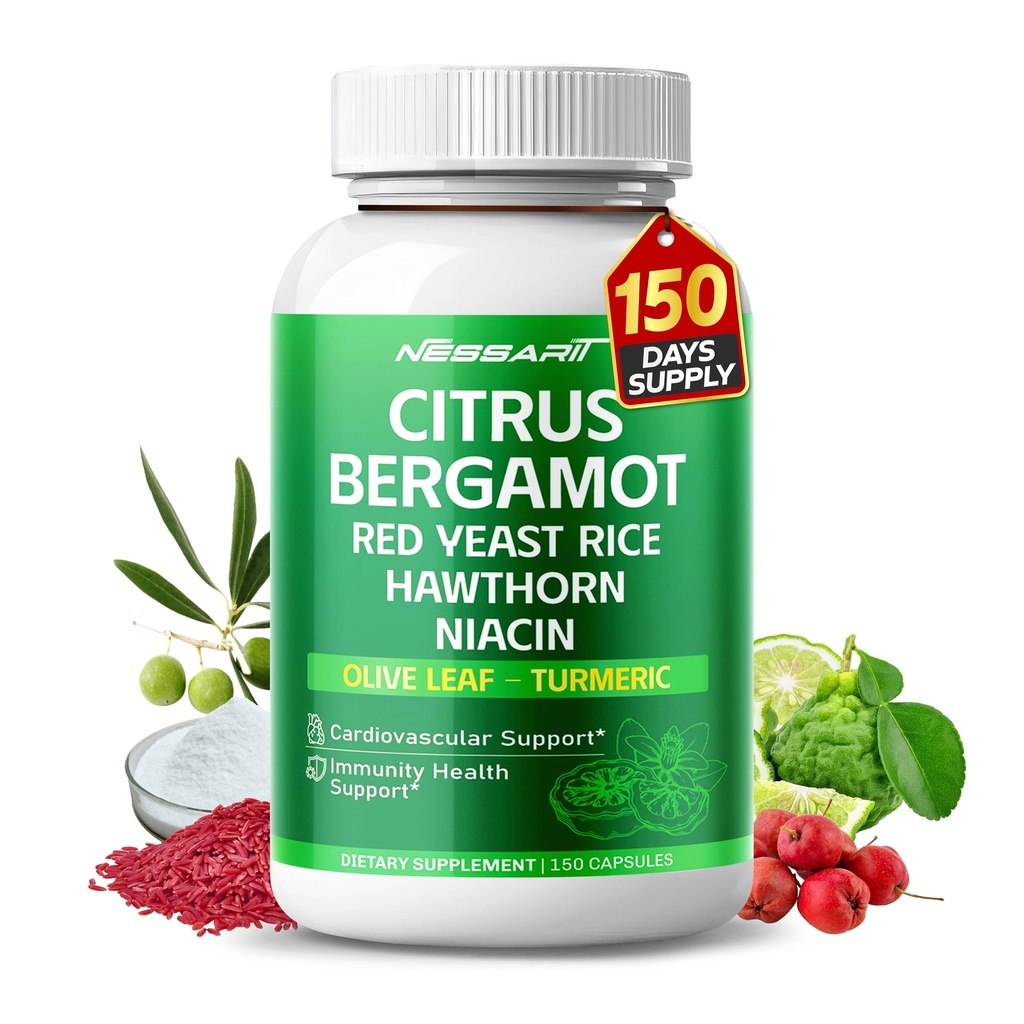 Citrus Bergamot Supplement - 15-i-1 naturlig blanding med rød yeast ris hawthorn Olive Leaf Odorless hvitløk Ginger Fenugreek - 150 greve - laget og testet i USA