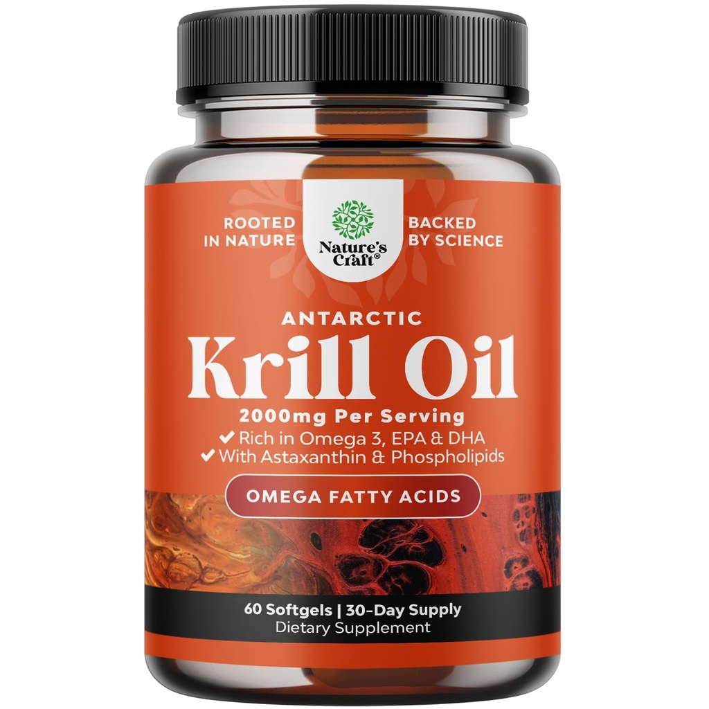 Antarctic Krill Oil 2000mg Softgels Per Serving - Omega 3 Krill Olje Supplement med EPA DHA & Astaxanthin (60 greve (pakke med 1)