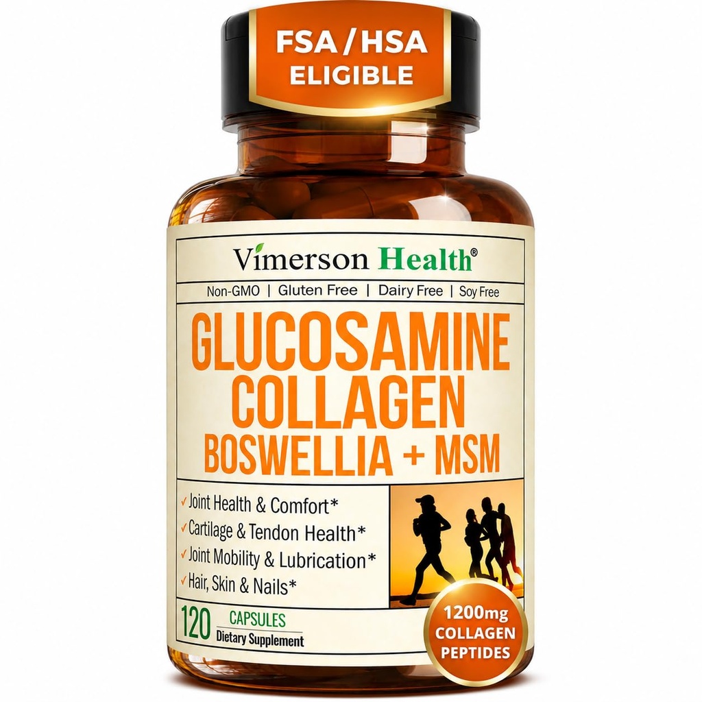 Glukosamine Chondroitin MSM med Hydrolysert Collagen Peptider - Felles støtte Supplement med Quercetin, Bromelain & Boswellia ekstrakt - kollagen piller for hår hud negler - FSA kvalifisert 120 Caps