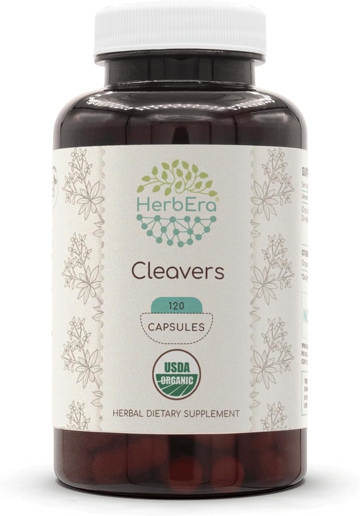 HerbEra Cleavers USDA Økologisk 120 Kapsler | Naturlig Herbal Supplement | Certified Organic Vegetarian Kapsler og Organic Cleavers (Galium aparin) Tørket urt (120 Kapsler)