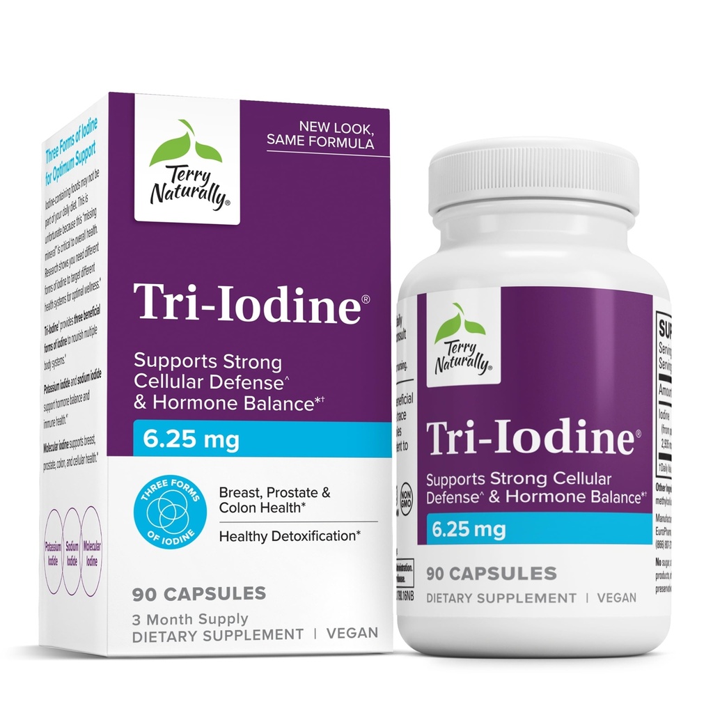 Terry Naturally Tri-Iodin - Støtte Thyroid Helse - Hjelper hormonbalanse med molekylær jodin fra Kelp - Funksjoner Kalium jodid & Natrium jodid - Brain & Energy Support - 6,25mg, 90 Kapsler