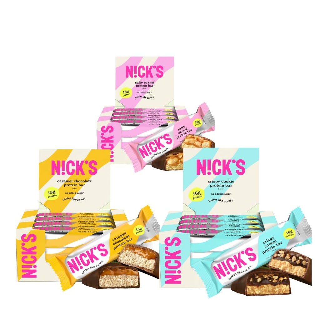 Nick's Sampler Pack Svensk Style Protein Bars, Keto vennlige Snack Barer, Ingen tilsatt sukker, 5g collagen, Lavt carb Protein Bar, Lavt sukkermåltid erstatningsbar, Keto Snacks, 36-land