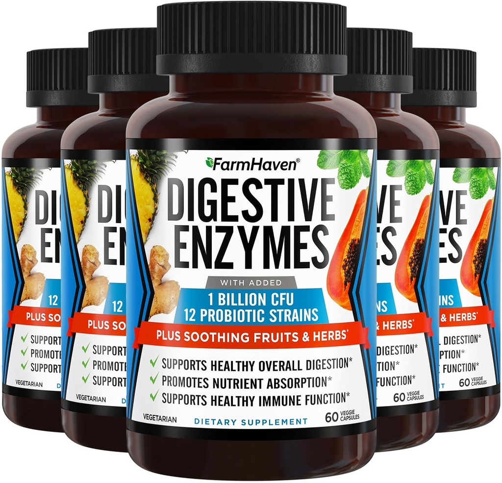 FarmHaven Digestive Enzymer med 18 Probiotika og urter | Papaya, Bromelain, Protease & mer for Laktose Absorpsjon & bedre Digestion | Hjelper Bloating, Gass, Blondiner | Vegetarisk, 300 Kapsler