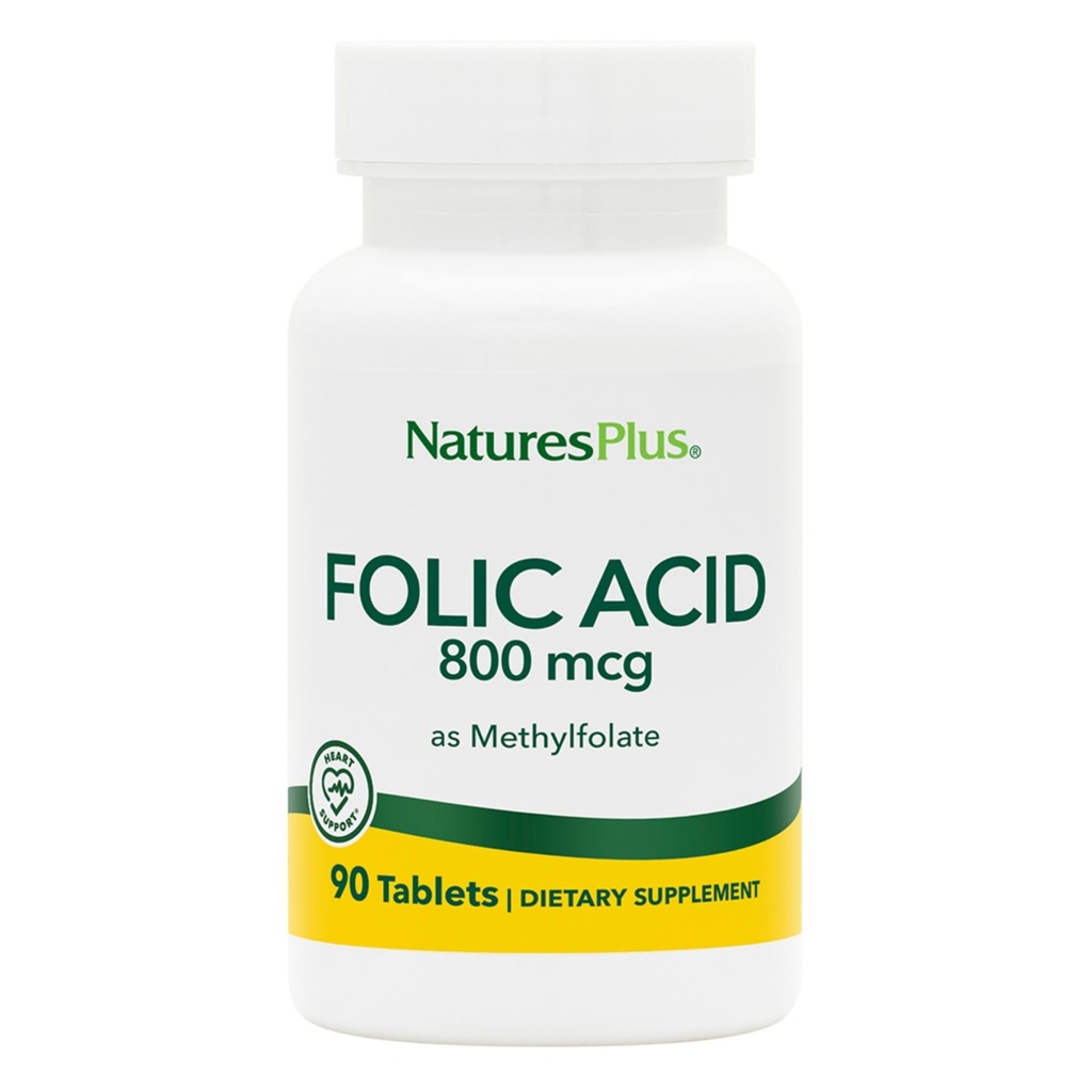 Natures Plus Folic Acid (Metylfolat) - 800 mcg, 90 vegantabletter - støtter sunn vevvekst - vegetarisk, glutenfri - 90 serveringer
