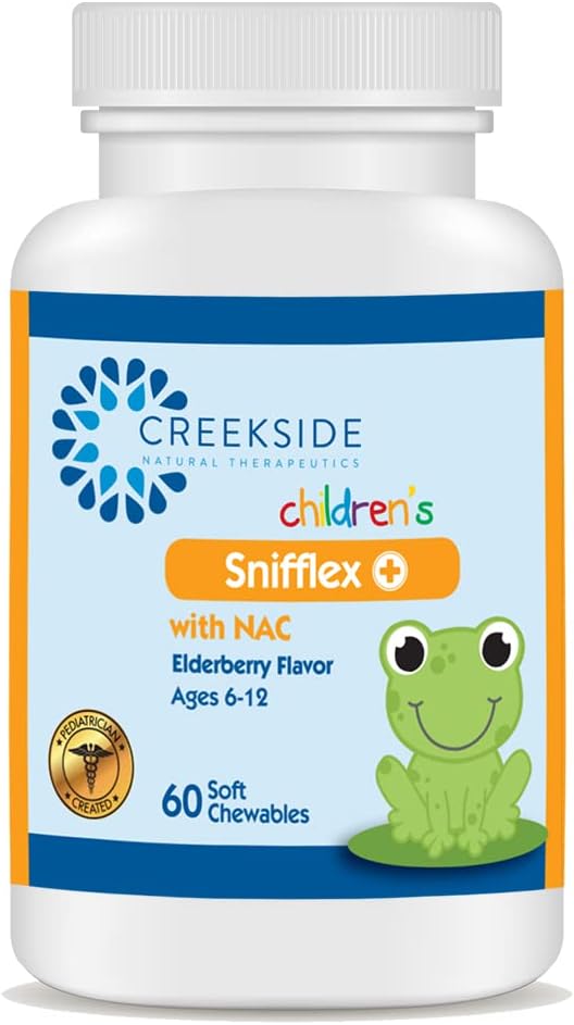 Creekside Naturals Sniflex, Barns Sinus & Respiratorisk støtte, Eldrebær for immunhelse, Pediatrician Formulert med NAC, Quercetin & Bromelain, Zero sukker, Vegansk, 60 Soft Chewables