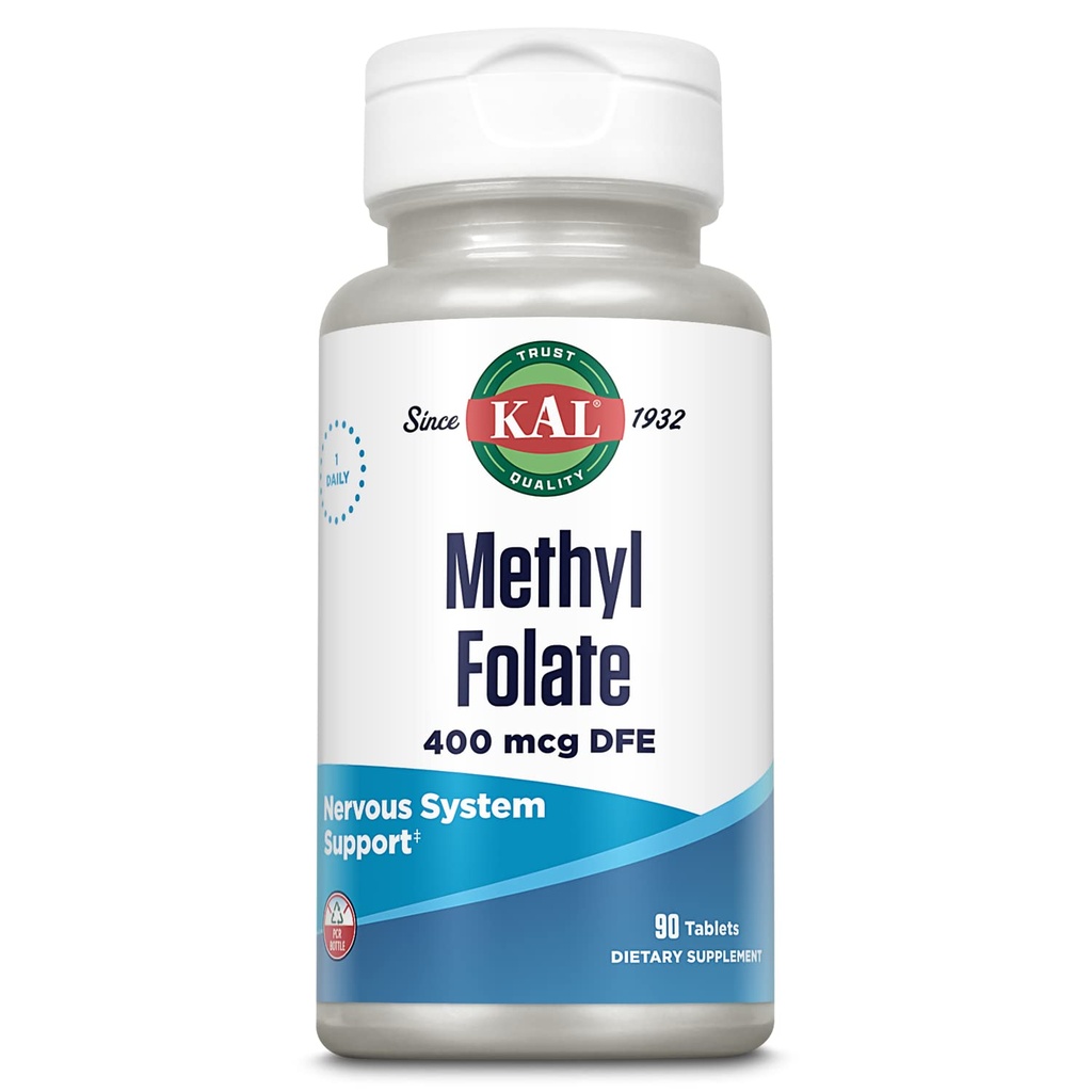 KAL Metyl Folat 400 mcg DFE, 5-MTHF Active Form Vitamin B9, Folsyre Supplement, hjertehelse, prenatal, Mood og hjerne støtte, rask oppløsning ActivTab, 60-dagers garanti, 90 serveringer, 90 tabletter