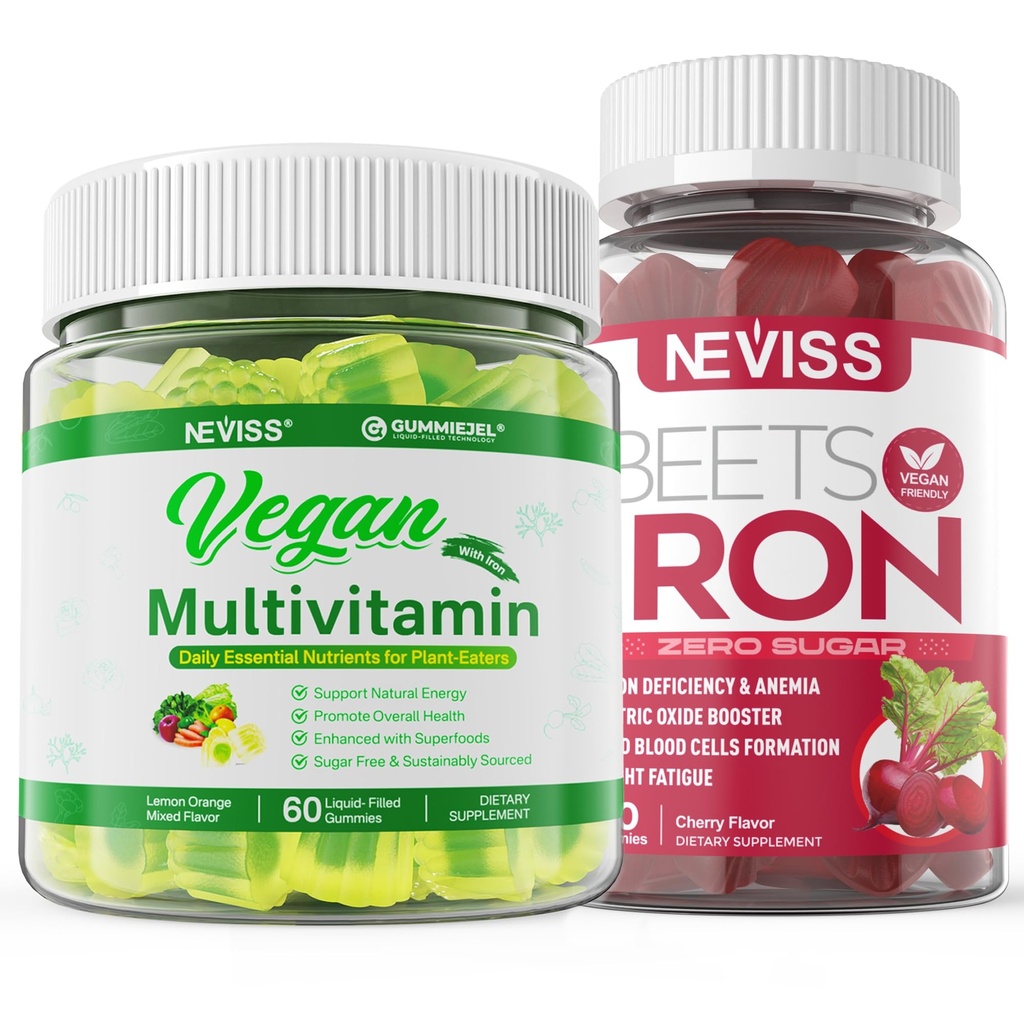 Vegansk jern gummier med vegansk multivitamin for kvinner menn med jern, vitamin B12, A, D3, K2, Algae Omega 3, magnesium, sink