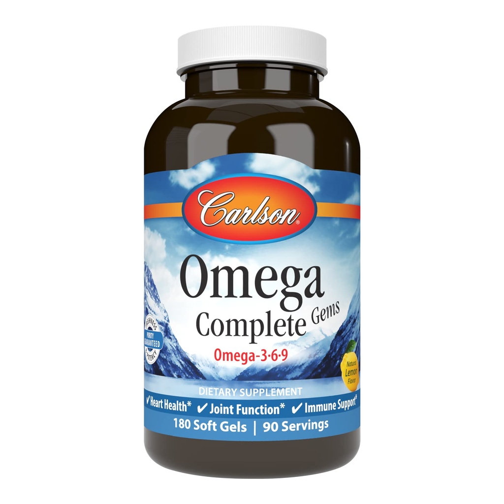 Carlson - Omega Complete Gems, Omega 3-6-9, Wild Caught, Sustainly Sourced, Heart Health, Joint Function & Immune Support, 180 Softgels