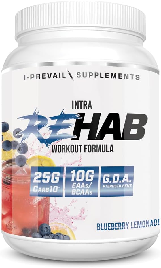 Rehab høy ytelse Intraworkout Formula 10g BCAA & EAA - Carb10 | Forbedre utvinning og hydrasjon | Keto vennlige | 25 serveringer (blåbær lemonade, 25 Servering)