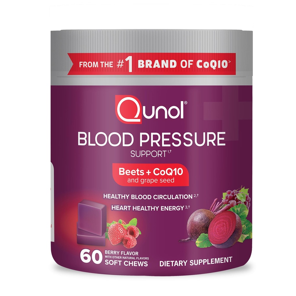 Qunol Beets Chews for blodtrykksstøtte, 3 i 1 betes + CoQ10 + Grape frøekstrakt, støtter sunn blodsirkulasjon og hjerte sunn energi, 60 Chews