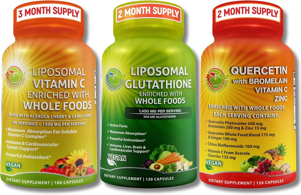 Fullstendig plantebasert antioksidant og immunstøtte Bundle - Liposomal Vitamin C 1500mg + Liposomal Glutathione 500mg + Quercetin med Bromelain, sink og vitamin C – Vegan, forbedret absorpsjon Formler