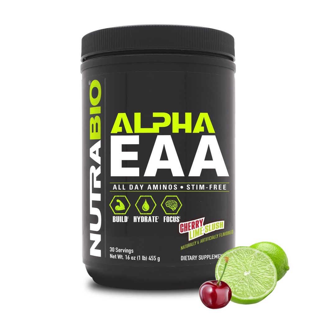 NutraBio Alpha EAA - hele dagen Aminosyrer for muskelvekst og hydrasjon - essensielle aminosyrer med nootropics & Adaptogens- Full Spectrum EAA BCAA pulver - 30 serveringer - Cherry Lime Slush