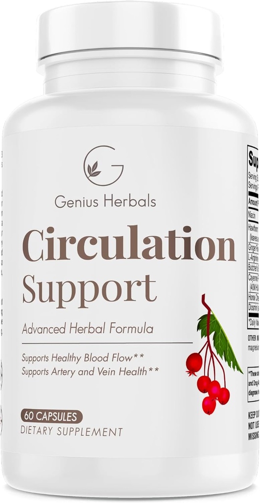 Cirkulasjonsstøtte - med Hawthorn, Butchers Broom, L-Arginine, Varicose Veins Support - 60 Kapsler