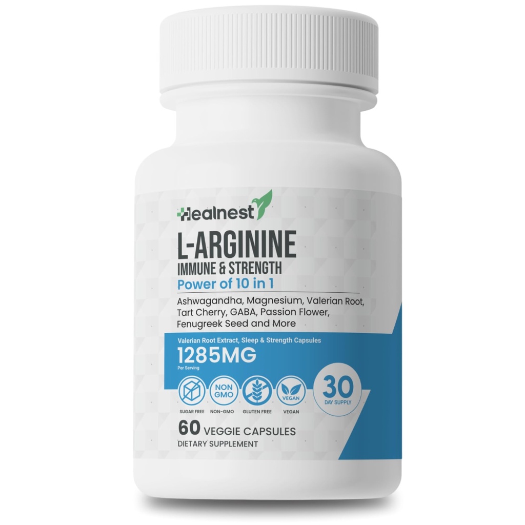 L-Arginine Kapsler - 1285MG Blanding av Ashwagandha, L-Theanin, Magnesium, GABA, sink og tart Cherry - Muskelgjenvinning, Stress Relief, Mood Support - Ikke-GMO, 60 Veggie kapsler for menn og kvinner