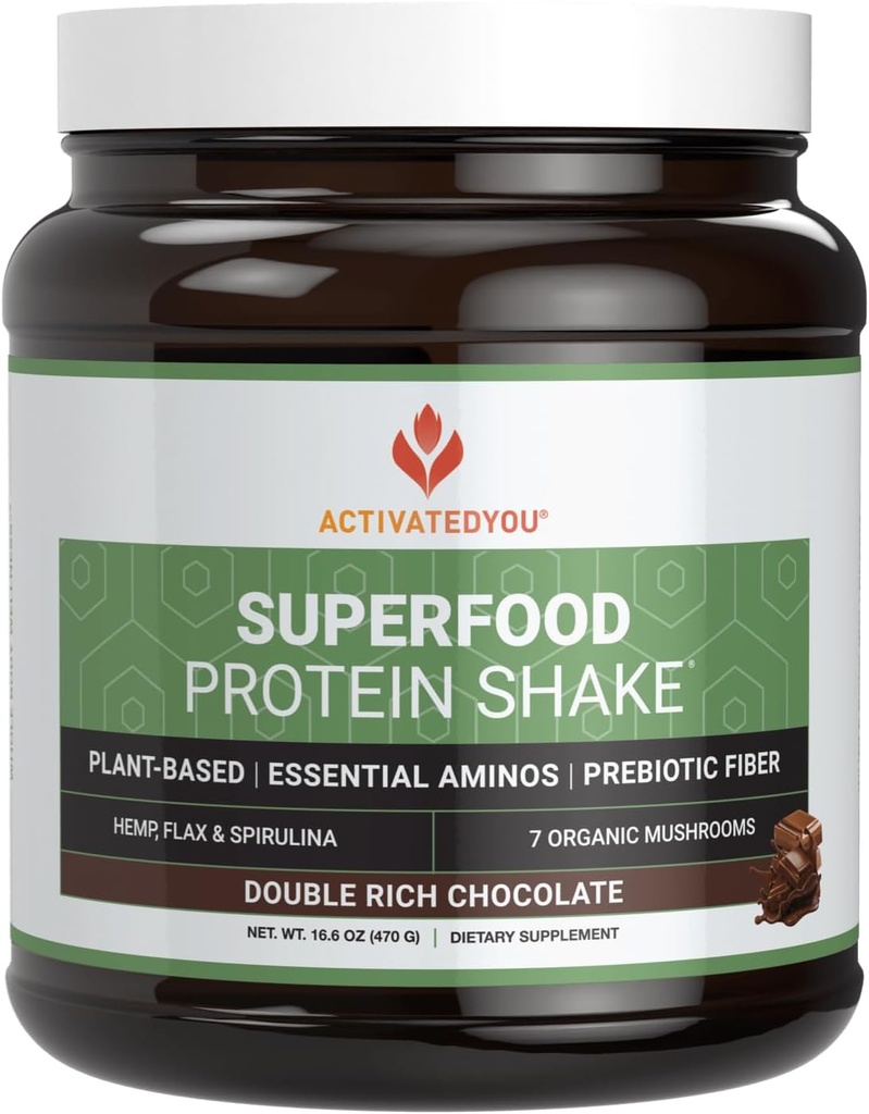 ACTIVEREDYO Superfood Protein Shake -Vegan Plant Protein pulver - med organisk 7 Muskelblanding, Spirulina og GoldRella Klorella - fremmer muskelintegritet, sjokoladeflavor (15 Serveringer)