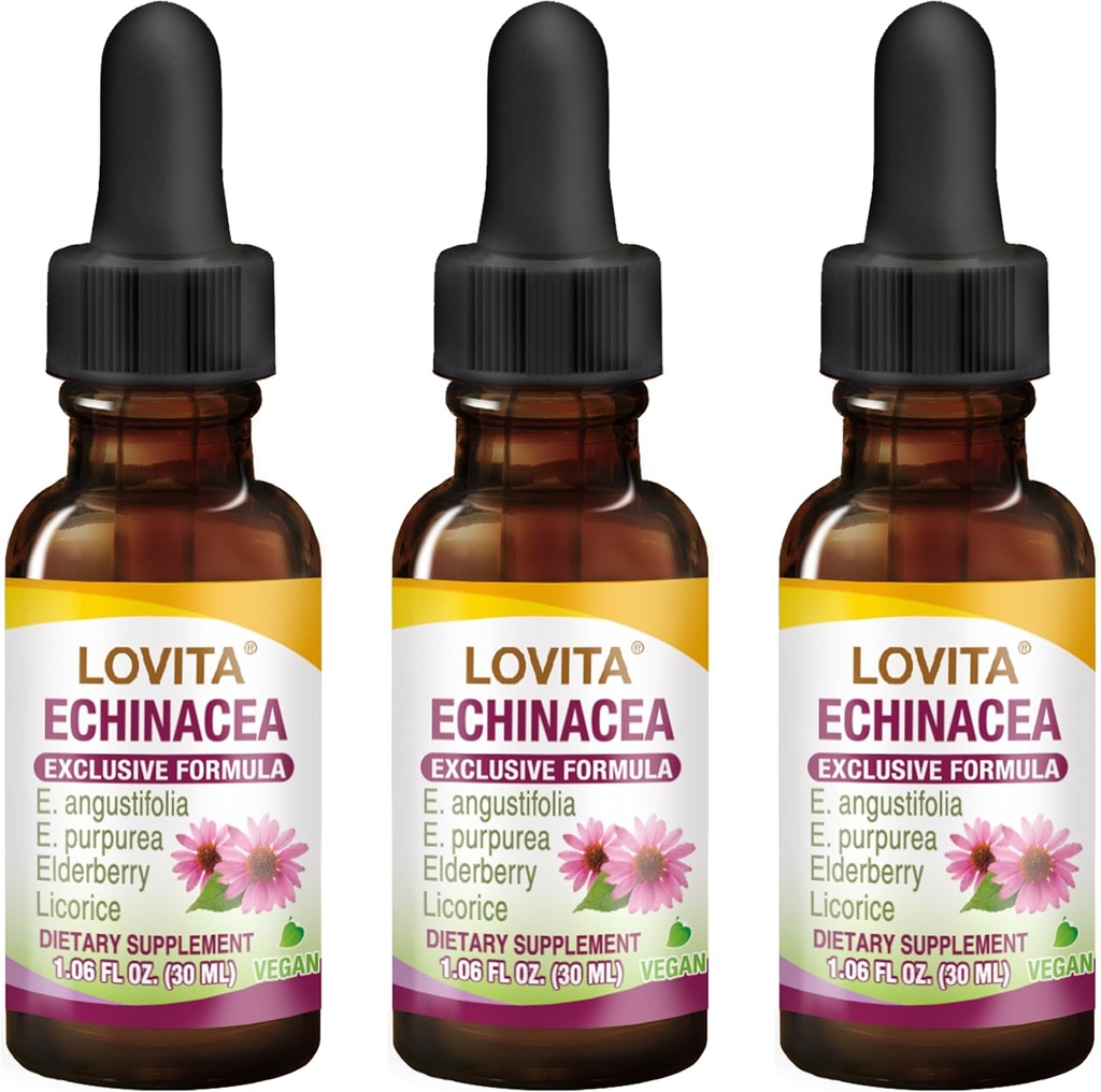 Lovita Echinacea ekstrakt flytende | 1 FL OZ | 350 mg per servering | Konsentrert urt tinktur | Vegansk | alkoholfri | med eldrebær og lakrisekstrakt (pakke av 3)