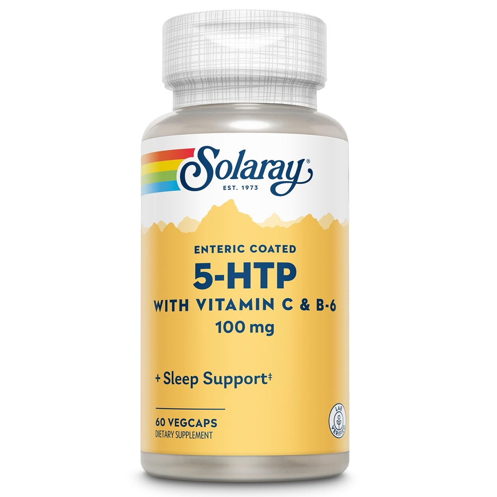 SOLARAY 5 HTP Supplement med vitamin C & B-6 - Sleep Supplement og serotonin Syntese Support - Lab verifisert, 60-dagers pengene-tilbake garanti - 60 Services, 60 Enteric Coated VegCaps