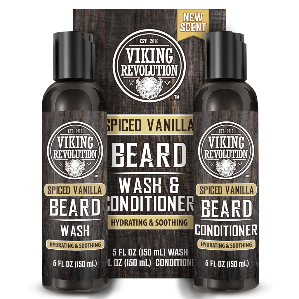 Vikingrevolusjon Skjeggvask og Skjegg balsam for menn med Argan Olje og Jojoba Olje - Beard Softener og styrke Beard Care Beard Shampoo og balsam med Beard Oil (5oz, Spiced Vanilla)