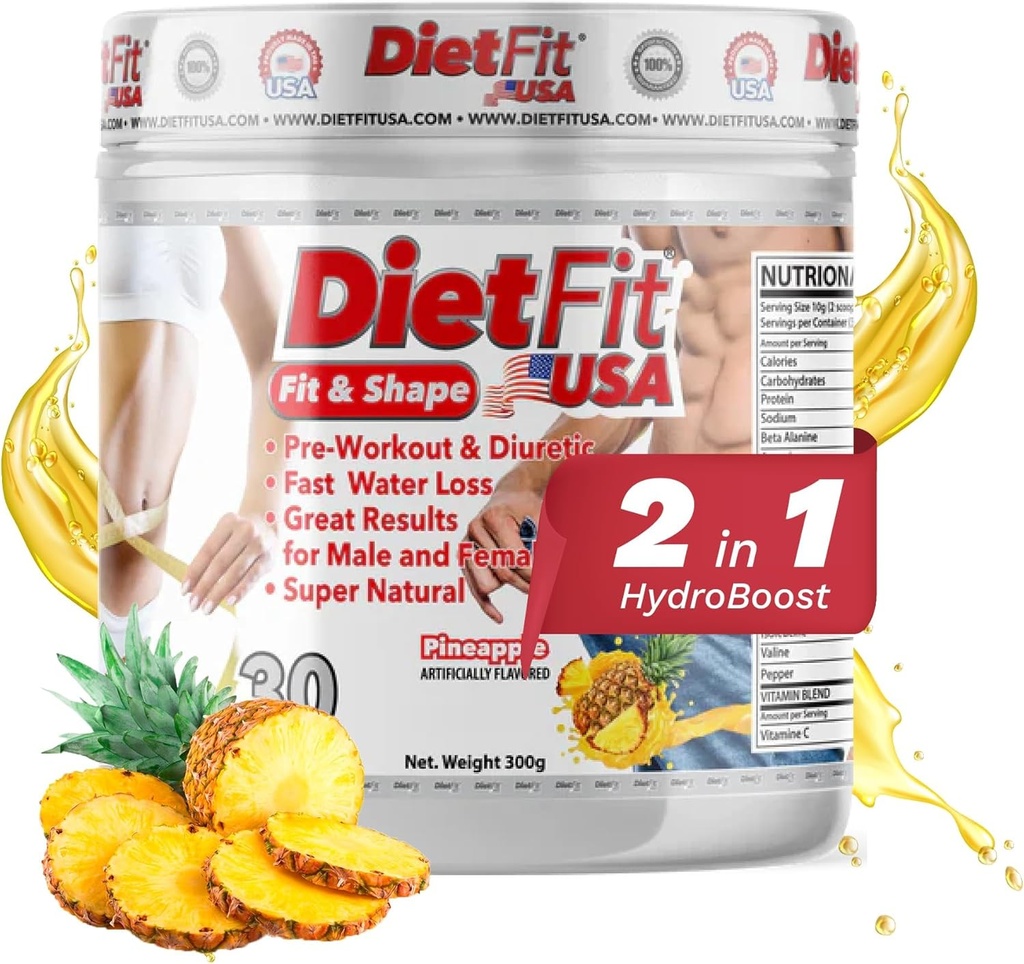 DIETFIT | Pre-Workout og Diuretic 300 Grams | Hydroboost 2-i-1 | Pre-Workout & Diuretic | Intense Energy | Pineapple Flavor | 30 Services | Treningstilskudd