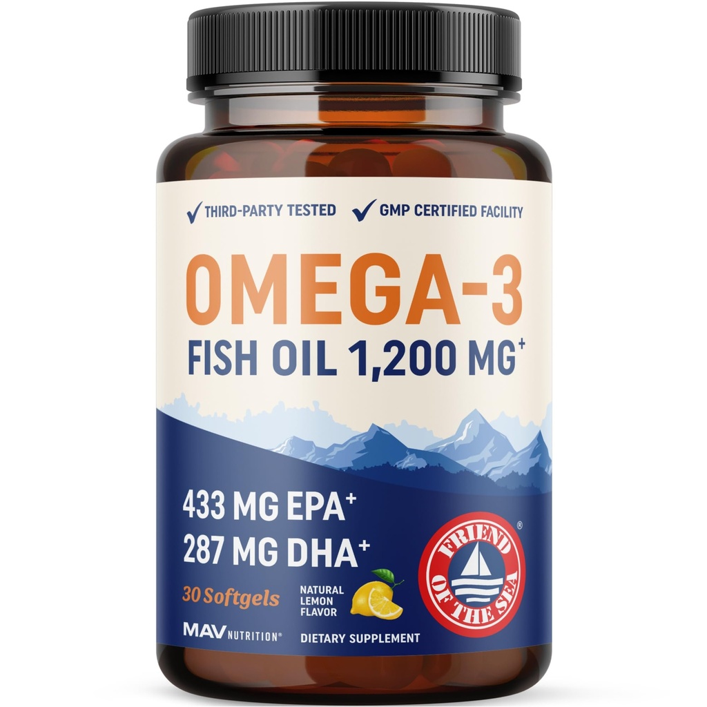Trippel styrke Omega 3 Fish Oil 1200 mg EPA & DHA Wild Fanget, Sustainly Sourceed Omega-3 Fatty Acids | Premium Burpless Fish Oil Supplements | Ikke-GMO, Tredjeparts testet | 30 Softgels