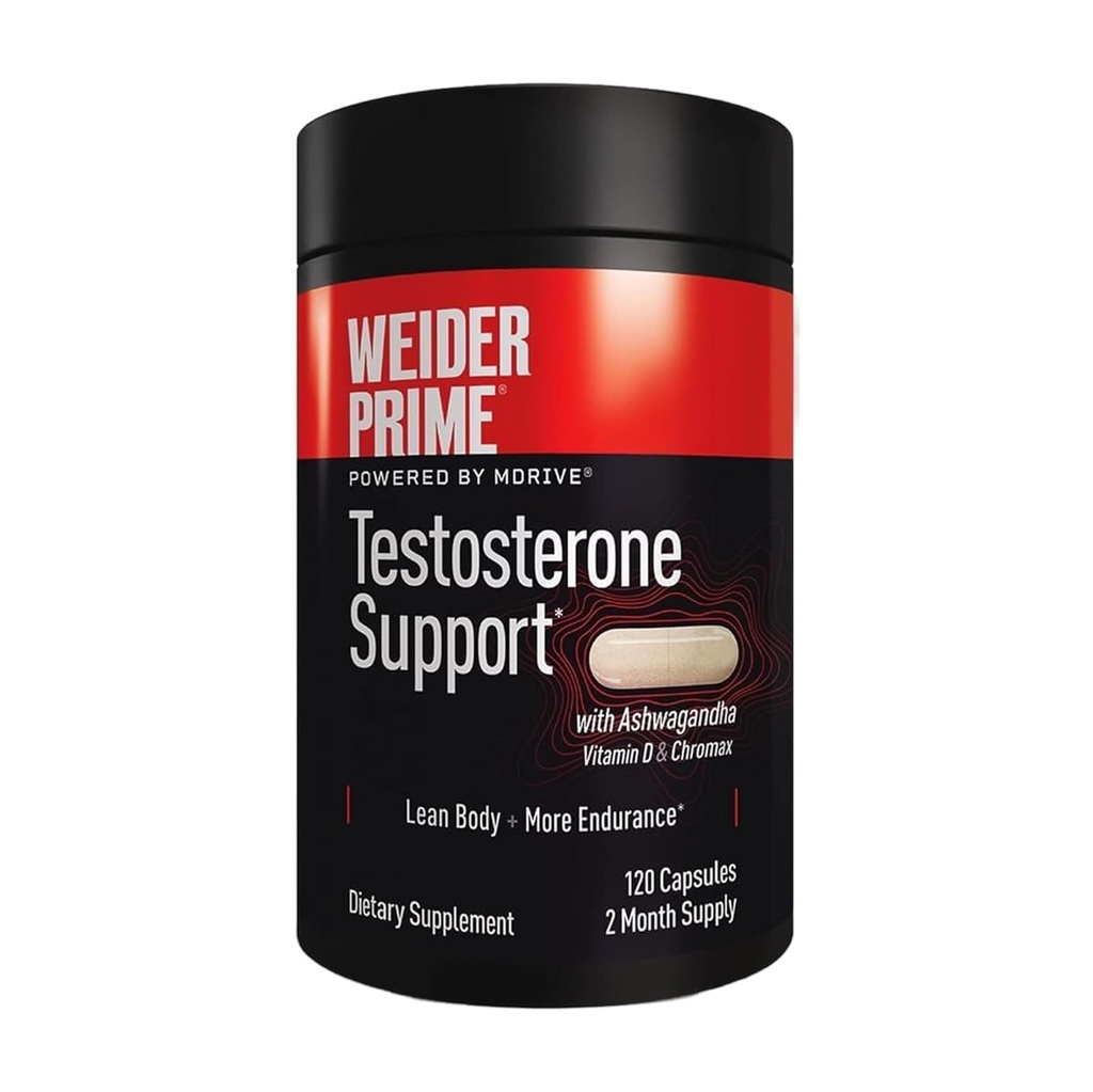 Weider Prime Testosteron Support - Mens ernæring - Beriket med vitaminer og mineraler - med Ashwagandha, Chromax Chromium, Bioperin & Zink - Glutenfri - 120 Kapsler