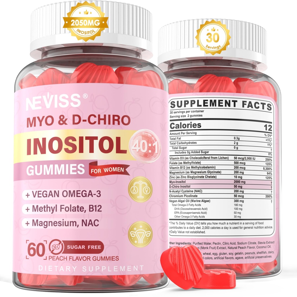 Myo-Inositol & D-Chiro Inositol Gummies Sukkerfri, Ideell 40:1 Ratio Inositol Supplement for kvinner w/Vegan Omega-3, D3, Magnesium, Metyl Folat, B12, Inositol Multivitamin for kvinners generelle helse