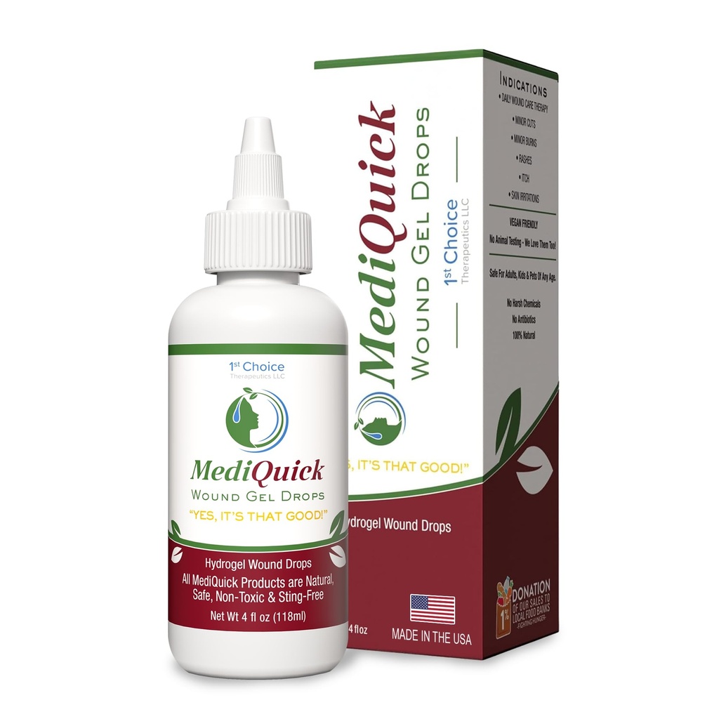 MediQuick Skin & sår Care Hydrogel Drops - Hurtig healing førstehjelp faller med 12 timers Action til Heal Cuts, Burns, Inflammasjon, Utslett, Kylling, Eksem og mer - Safe Sår Vaske med No-Sting - 4 Fl Oz