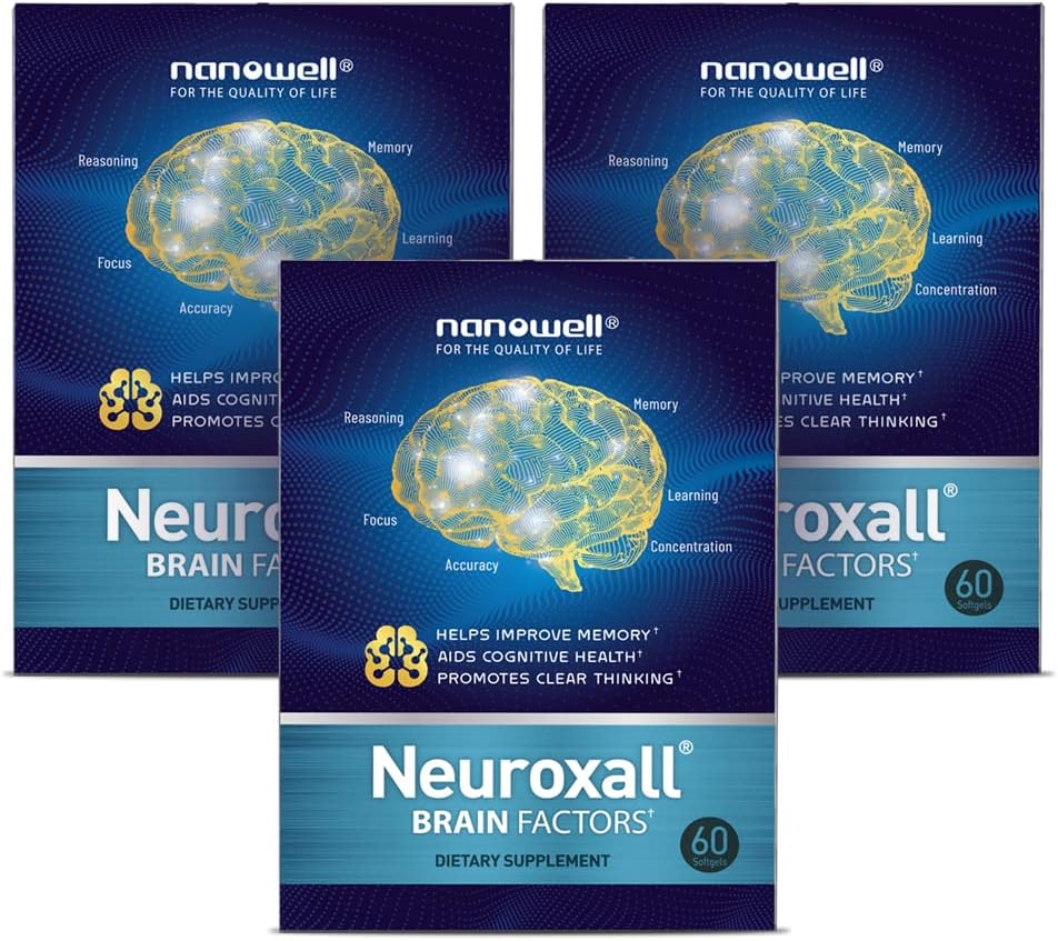 NANOWELL Neuroxall Brain Helse Supplement for forbedret kognitiv funksjon og mental klarhet, Astaxanthin, Ginkgo Biloba Extract, Antioksidant - 60 Softgels X 3 bokser i 3 måneder (180 greve)
