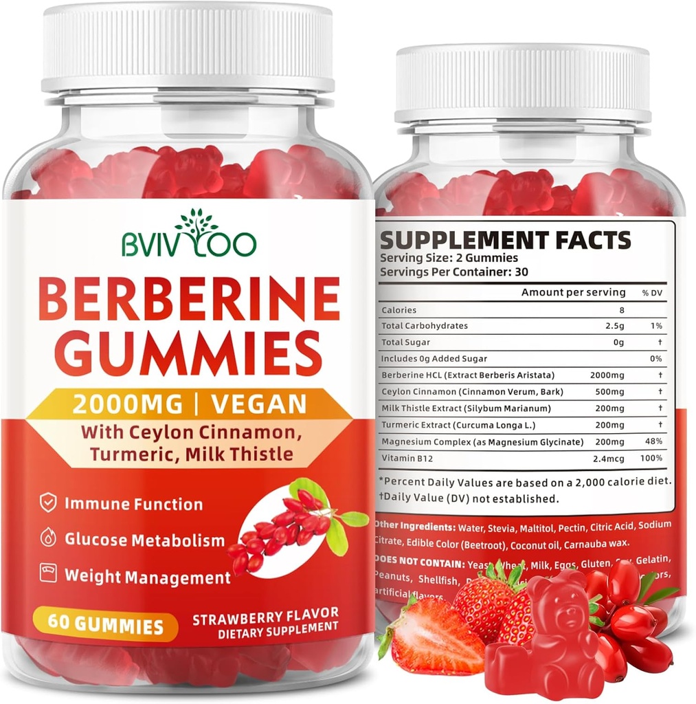 Berberine Gummies,Sugar Gratis 2000mg høy potens Berberine HCI Supplement, Plus Ceylon Cinnamon, Melk Thistle for kvinner og menn, Immunsystem og metabolisme støtte - 60 Gummies