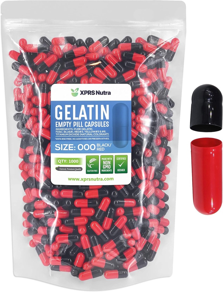 XPRS Nutra Størrelse 000 tomme kapsler - 1000 grev store tomme gelatinkapsler - piller for DIY Supplement Capsule Fylling - Fyllbare farge gele Caps piller for å gjøre-det-sjølv kosttilskudd (rød/svart)