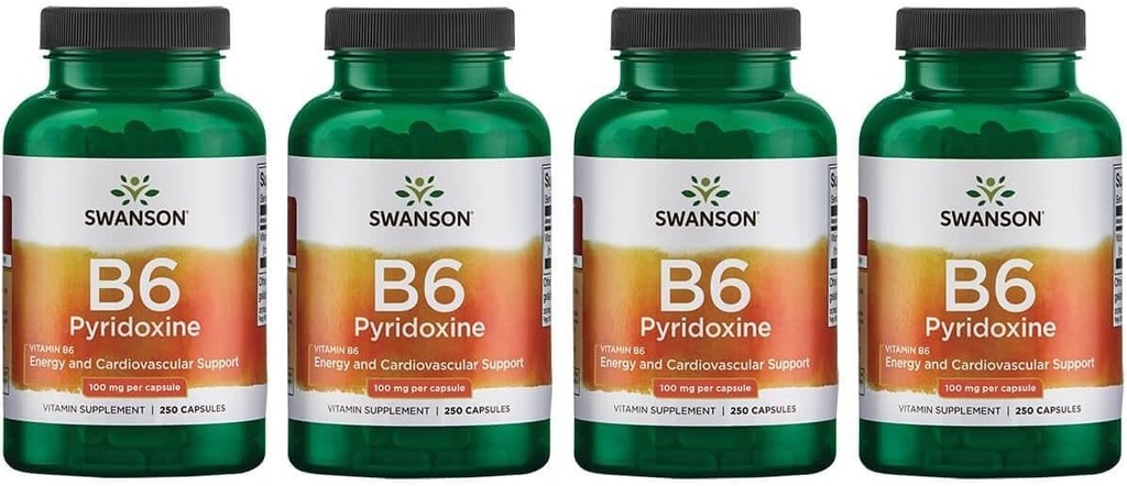 Swanson B6 Pyridoxin - Vitamin Supplement fremme kardiovaskulær helse og energimetabolisme - Naturlig formel fremme total velvære - (250 kapsler, 100 mg hver) (4 pakke)