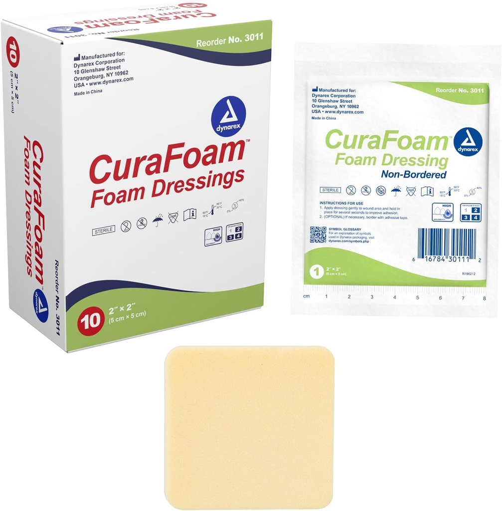 Dynarex 3011 CuraFoam Foam Dressing, ikke-bestilt, sterile, gir kusjionert og most sår omsorg, 2" x 2", Pakke 10