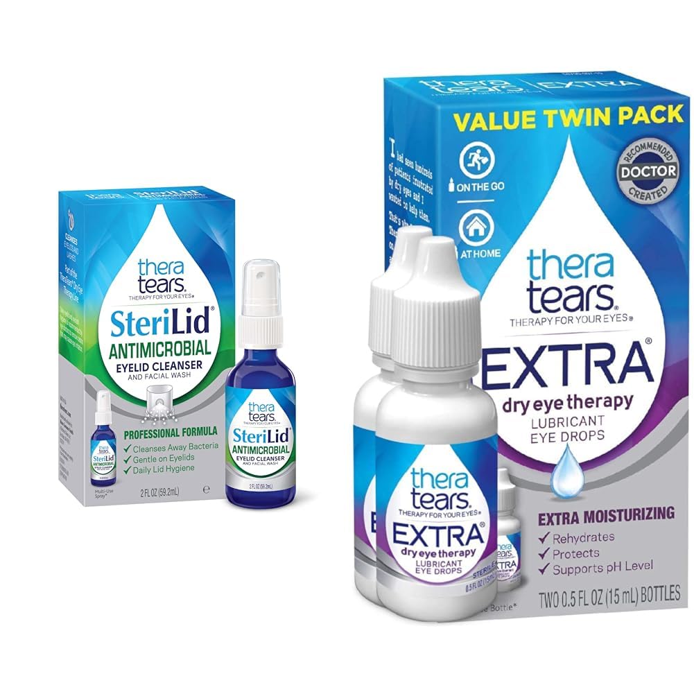 TheraTears Ekstra tørr øyeterapi Lubrerende øyedråper for tørre øyne, 0,5 fl oz flaske, 2 Count & SteriLid Eyelid Cleanser og ansiktsvask, for irritert øyne, 2 fl oz Spray