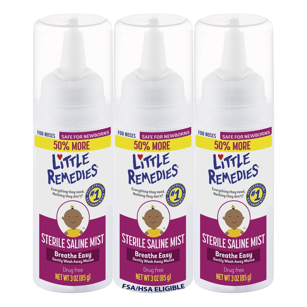 Små medisiner Sterile Baby Saline Nasal Mist, trygt for nyfødte å lindre stuffy og tørre noser, 3 Fl Oz, pakke med 3