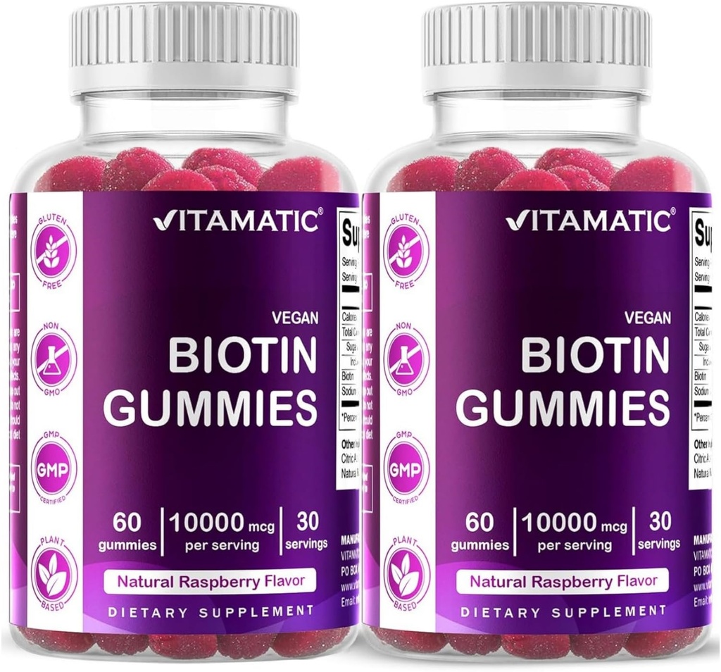 Vitamatic Biotin Gummies 10.000 mhg for sterkere hår, hud og negler - 60 vegansk gummi - også kalt vitamin B7 (2 flasker)