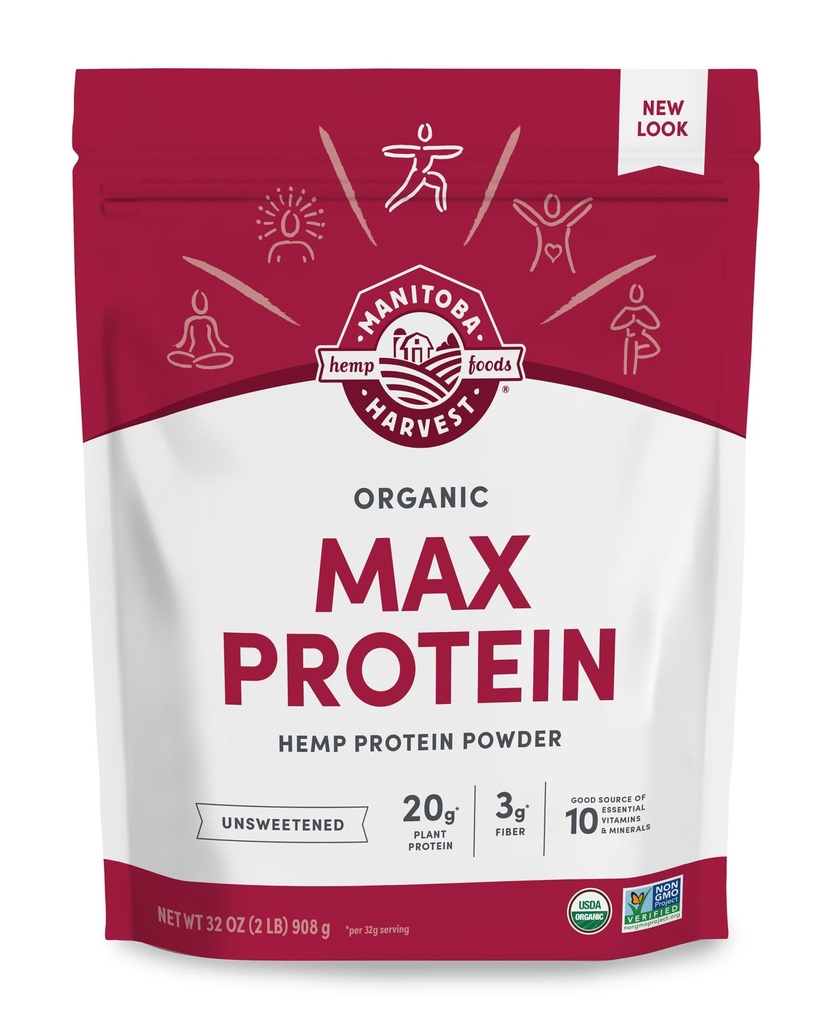 Manitoba Harvest Hamp Ja Økologisk Max Protein pulver, usveiset, 32oz, med 20g Protein og 4,5g Omega 3&6 per servering, keto-vennlig, konserveringsfri, ikke-GMO, emballasje May Vary