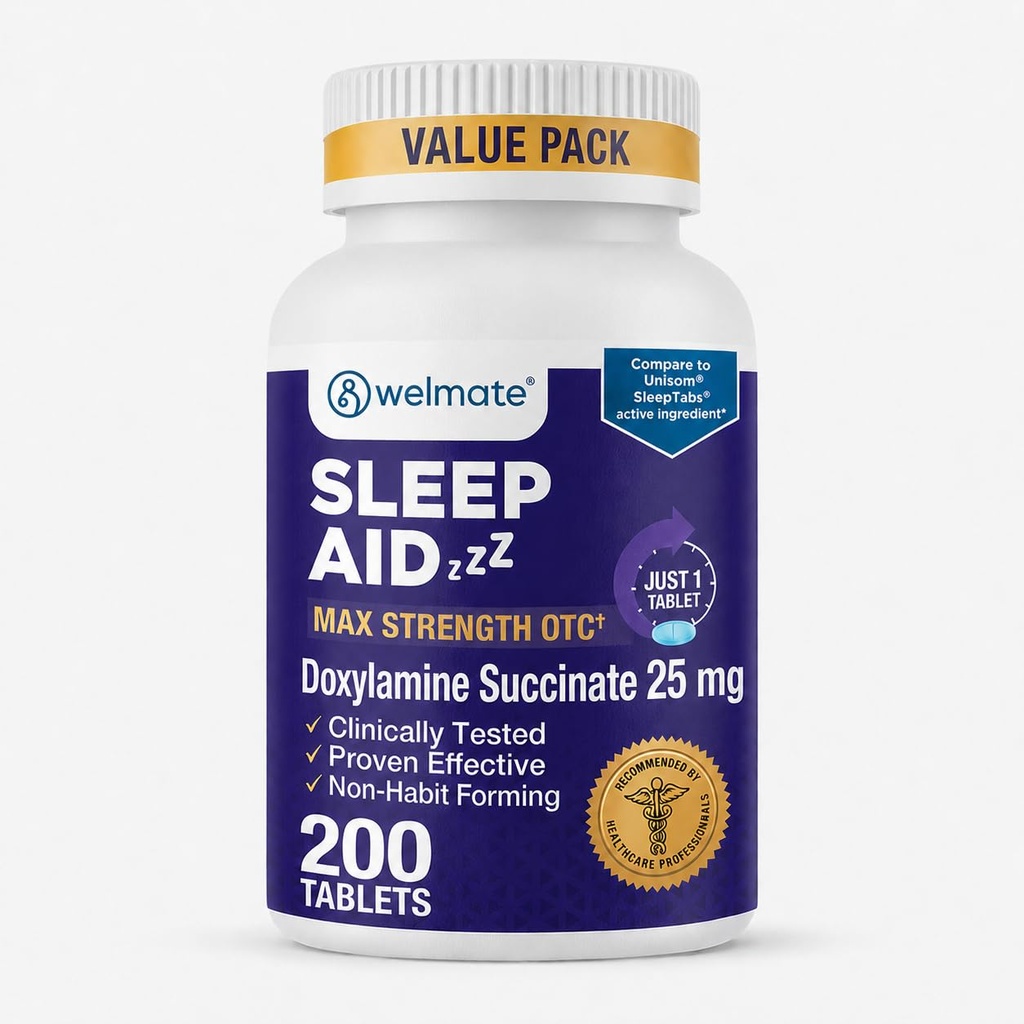 WELMATE - Natt søvnhjelp - Doxylamine Succinate 25 mg - for voksne og barn 12+ - 200 tabletter