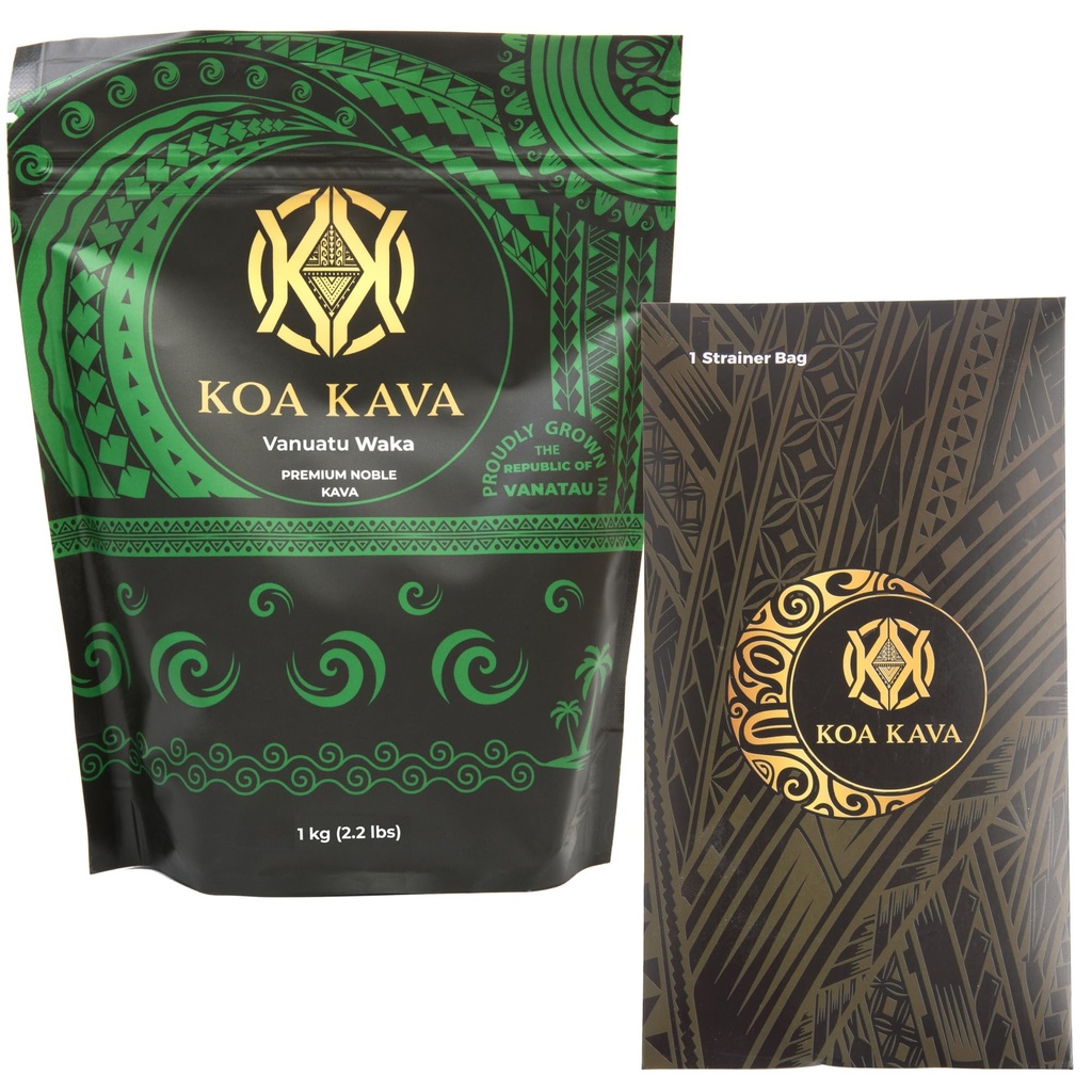 1 Kilo (2,2 pund) Vanuatu Waka Kava med en trekkstreng Strainer