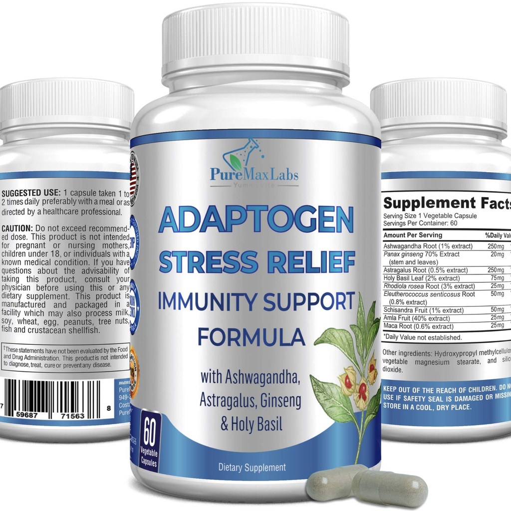 Adaptogen Stress Relief Immune Support Formula - Adaptogen Adrenal Støtte med Ashwagandha, Astragalus, Ginseng, Holy Basil, Rhodiola, Amla, Maca, Schisandra, Non-GMO - 60 Kapsler
