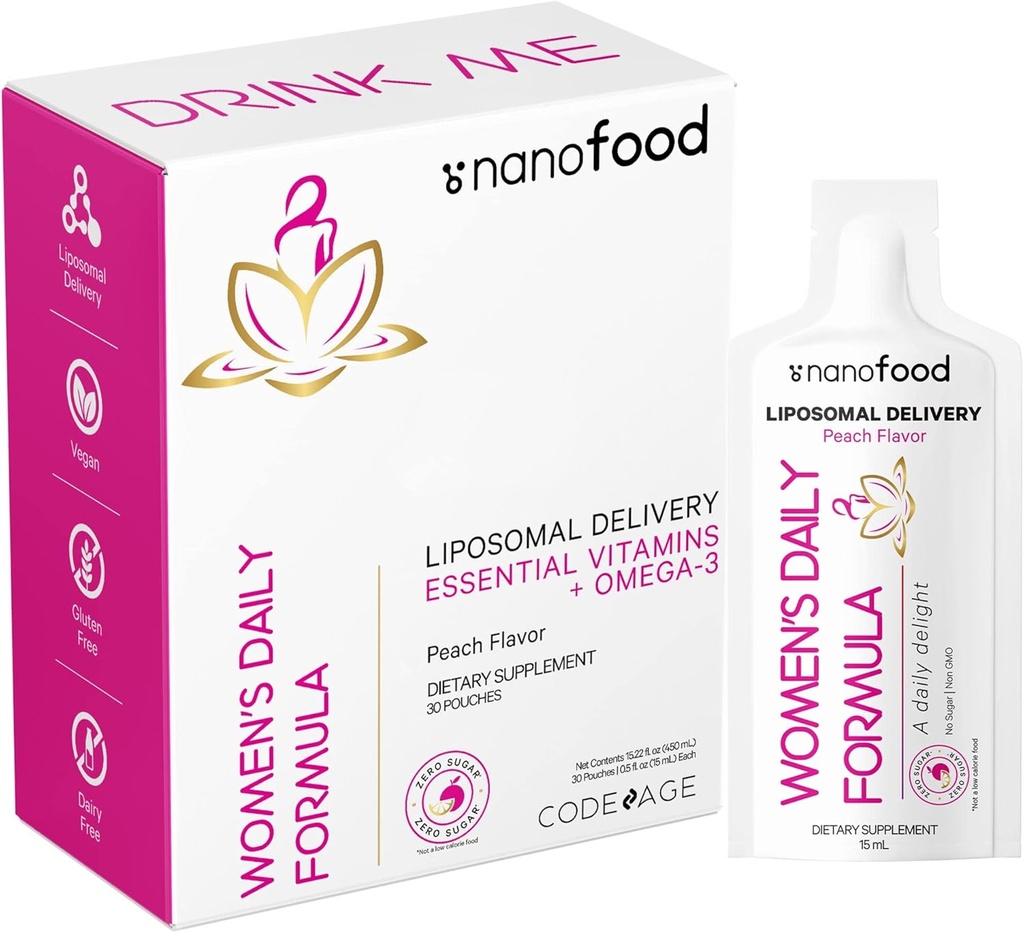 Codeage Liposomal kvinners daglige vitaminer flytende Pouch formel, Vegan Omega-3 flytende Multivitamin Supplement, Biotin, vitaminer A, B, C, D, E, Riboflavin, Berry - Ikke-GMO - 30 Pouches