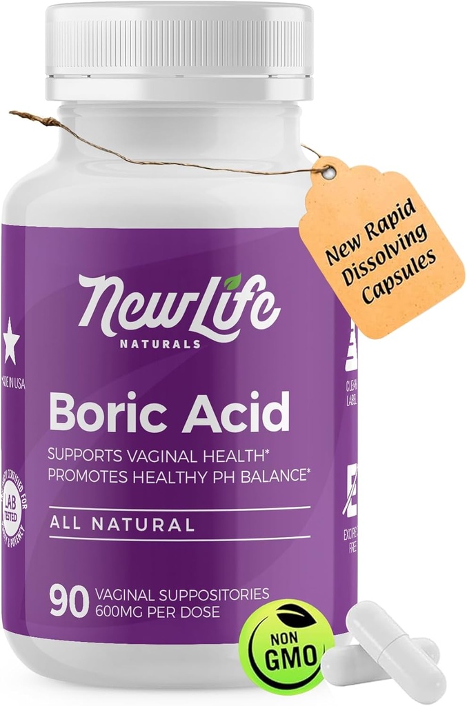 NewLife Naturals - Medical Grade Boric Acid Vaginal Suppositories - 600 mg - 100% ren kvinnelig pH Balance piller - Yest Infeksjon, BV - 90 kapsler: laget i USA
