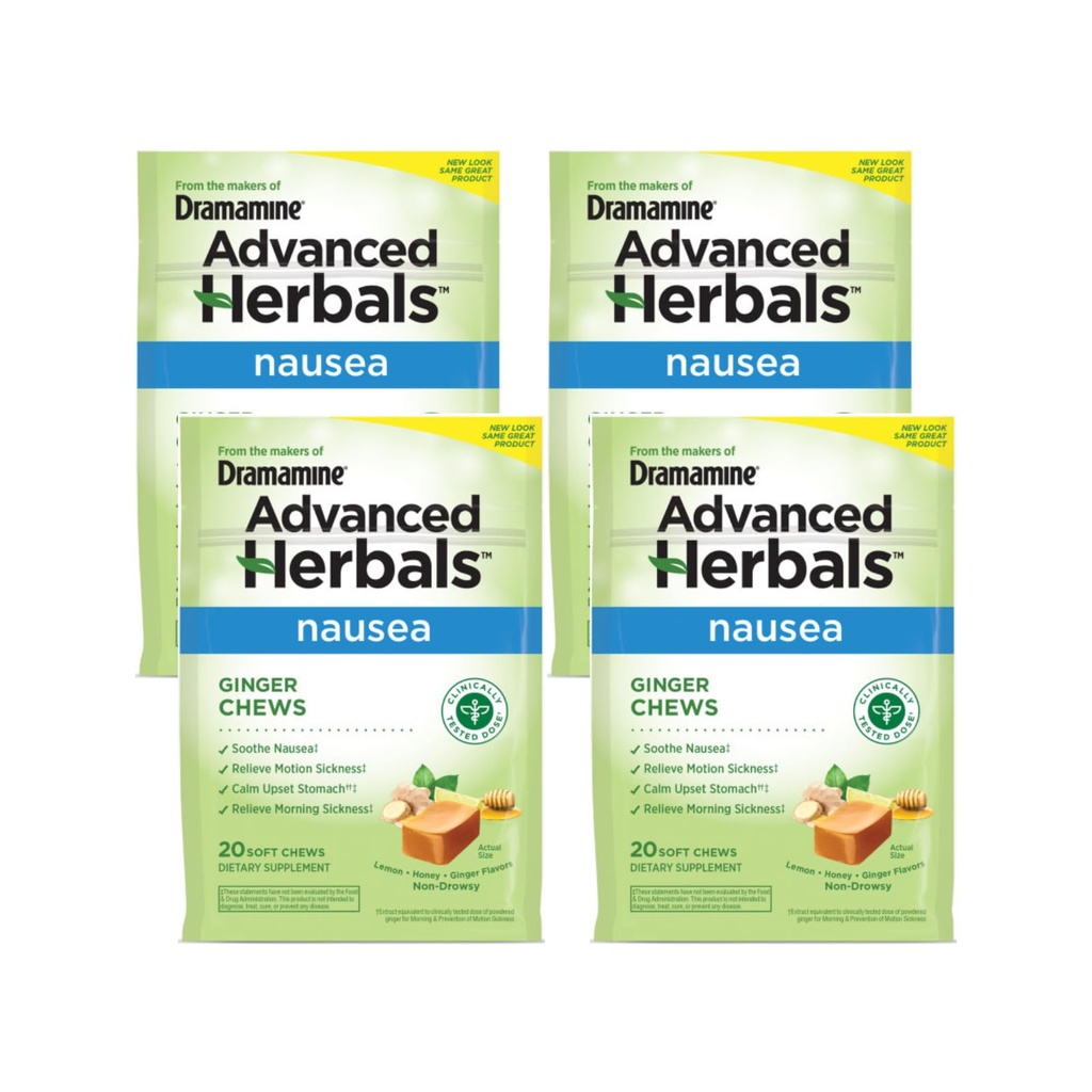 Dramamine Ginger Chews, hjelper med kvalme, sitron honning Ginger Flavor, 20 myk Chews (pakke med 4)