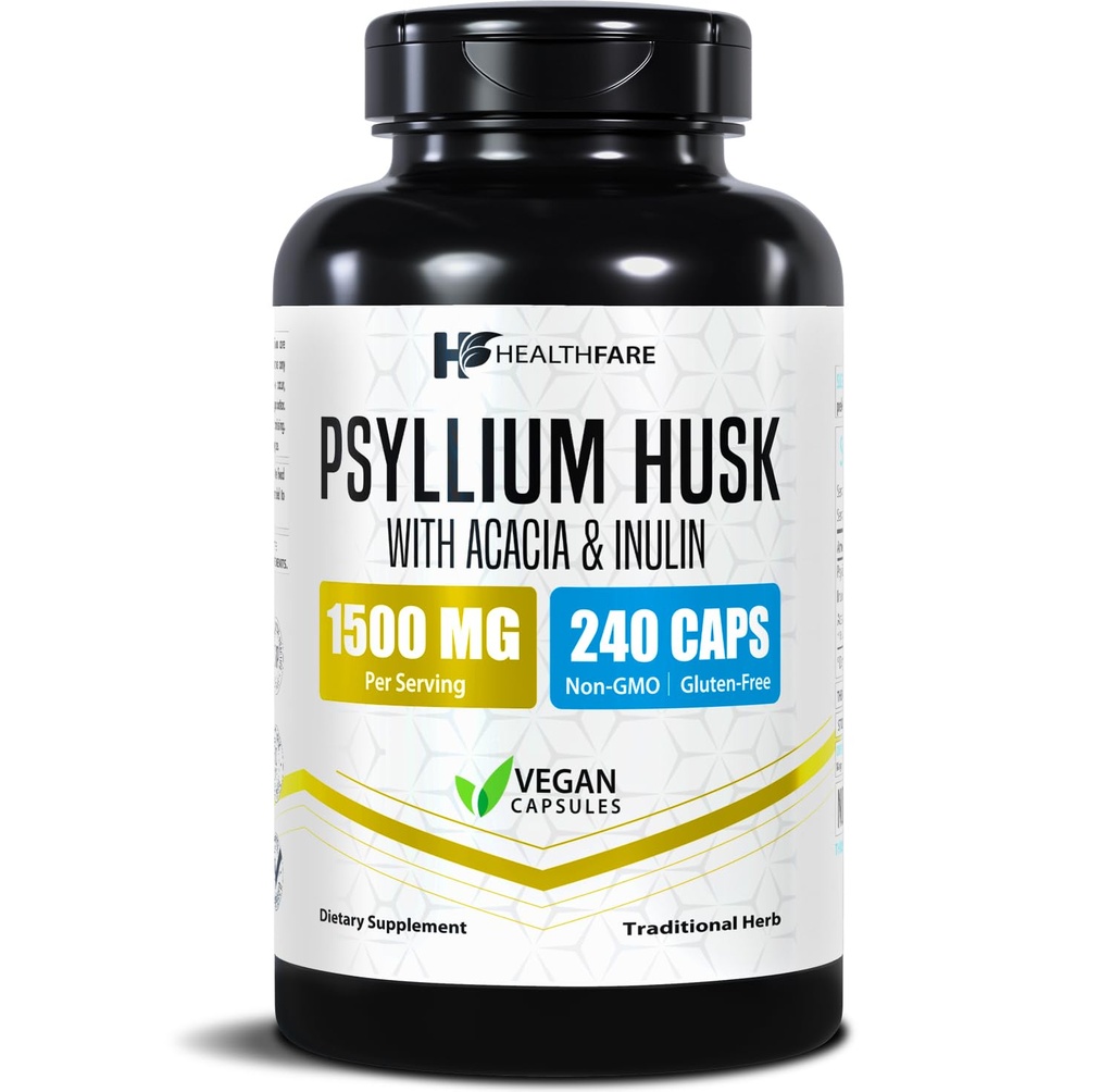 Healthfare Psyllium Husk Fiber 1500mg | 240 Vegan Capsules | Ekstra styrke Fiber Supplement | Støtter Digestiv Helse | Ikke-GMO, Glutenfri | laget i USA