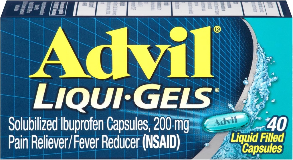 Advil Liqui-Gels smertestillende og feber reduserer, smertemedisin for voksne med ibuprofen 200 mg For hodepine, ryggsmerter, menstruell smerte og ledd smerte lindring - 40 flytende fylte kapsler